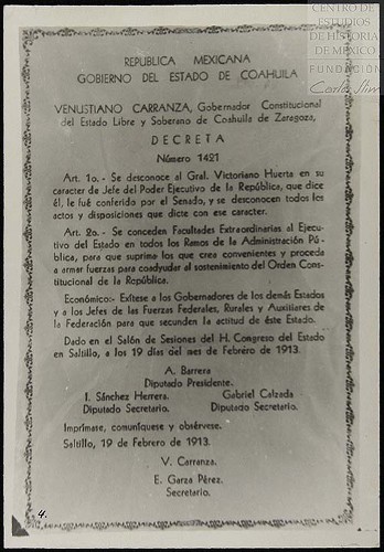 Imagen de Decreto número 1421 del gobierno constitucional del estado de Coahuila desconociendo al gobierno espurio del general Victoriano Huerta (atribuido)