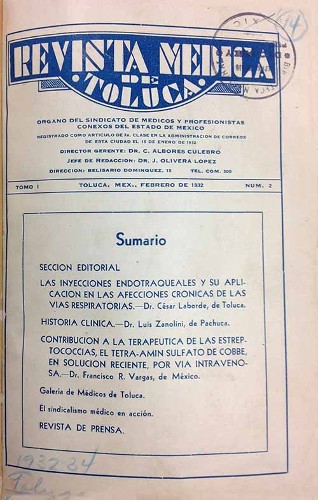 Imagen de Sumario (propio), Revista Médica de Toluca: Órgano del Sindicato de Médicos y Profesionistas Conexos del Estado de México (alternativo)