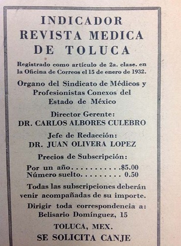 Imagen de Indicador de la Revista Médica de Toluca (propio), Revista Médica de Toluca: Órgano del Sindicato de Médicos y Profesionistas Conexos del Estado de México (alternativo)