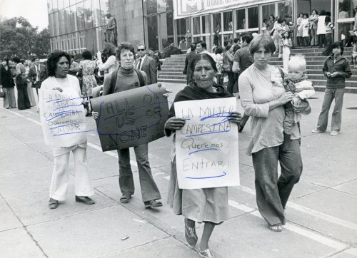 Imagen de Campesina manifestándose para entrar al recinto en donde se celebró la Conferencia Internacional de la Mujer (propio)