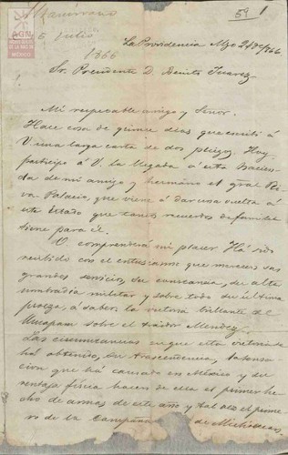 Imagen de Expediente 059: Carta de Ignacio Manuel Altamirano al Presidente Juárez