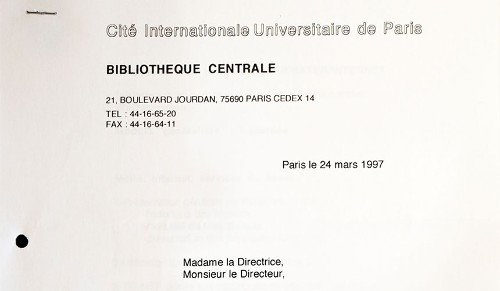 Imagen de Carta de la Bibliothèque Centrale de la Ciudad Internacional Universitaria de Paris (atribuido)