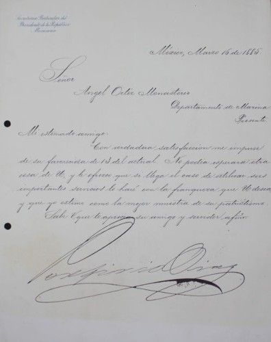 Imagen de Carta de don Porfirio Díaz a Ángel Ortiz Monasterio (atribuido)