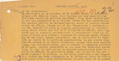 Imagen de Comunicación de Gabriela Mistral para Álvaro Obregón (atribuido)