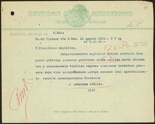 Imagen de Comunicación entre Gabriela Mistral y Álvaro Obregón (atribuido)