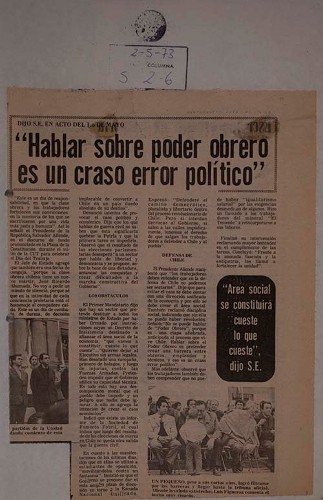 Imagen de Dijo S. E. en acto del primero de mayo: "hablar sobre poder obrero es un craso error político" (propio)