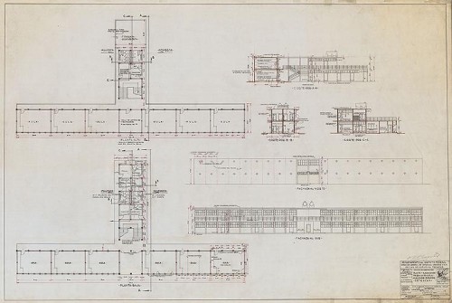 Imagen de Planta arquitectónica del primero y segundo nivel, fachada norte y sur, y cortes de la escuela Melchor Ocampo en Coyoacán (atribuido)