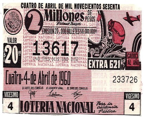 Imagen de Billete de Lotería Nacional ilustrado con piloto aviador, del día cuatro de abril del año mil novecientos sesenta (atribuido)