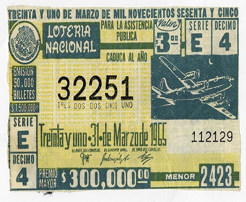 Imagen de Billete de Lotería Nacional ilustrado con un avión, treinta y uno de marzo del año mil novecientos sesenta y cinco (atribuido)