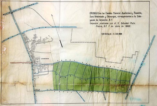 Imagen de Croquis de los canales Nacional, Apatlaco y Tezontle, Zona Urbanizada y Chinampas, correspondiente a la delegación Ixtacalco, Distrito Federal (propio)