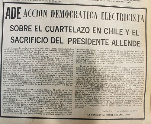Imagen de Acción Democrática Electricista sobre el cuartelazo en Chile y el sacrificio del presidente Allende (atribuido)