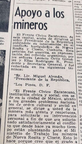 Imagen de Apoyo a los mineros (propio), Nota en el periódico El Popular (atribuido)