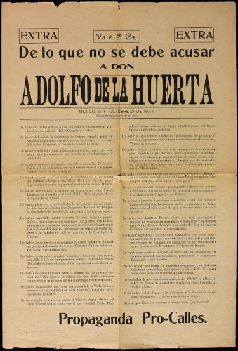 Imagen de Propaganda en favor de Plutarco Elías Calles titulada "De lo que no se debe acusar a don Adolfo de la Huerta" (atribuido)