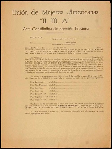 Imagen de Acta constitutiva de Sección Foránea de la Unión de Mujeres Americanas (atribuido)