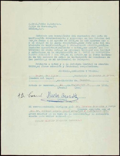 Imagen de Carta de adhesión a la Unión de Revolucionarios Agraristas del Sur. Bajos del Ejido, Guerrero (atribuido)