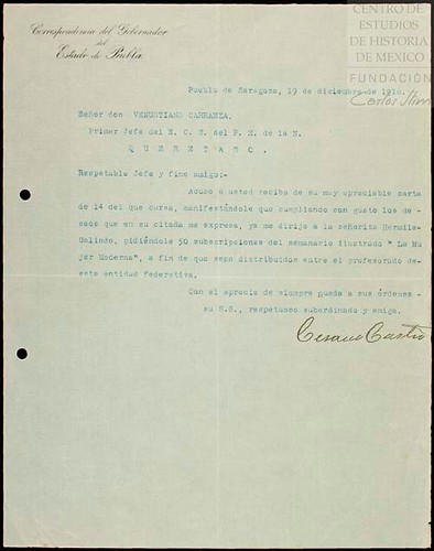 Imagen de Manifiesta que ya pidió a Hermila Galindo cincuenta suscripciones al semanario ilustrado La Mujer Moderna, a fin de distribuirlos entre el profesorado de Puebla (atribuido)