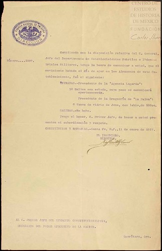 Imagen de Informa del movimiento registrado en los almacenes de la Fábrica Nacional de Pólvora el día 10 de enero de 1917 (atribuido)