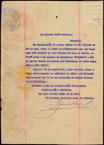 Imagen de Oficio dirigido a Jesús Carranza, se le informa que se ha ordenado a la Agencia de Bicicletas Columbia entregue algunas a Krum Heller (atribuido)