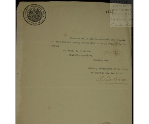 Imagen de Correspondencia que envía por correo el Estado Mayor de Venustiano Carranza (atribuido)
