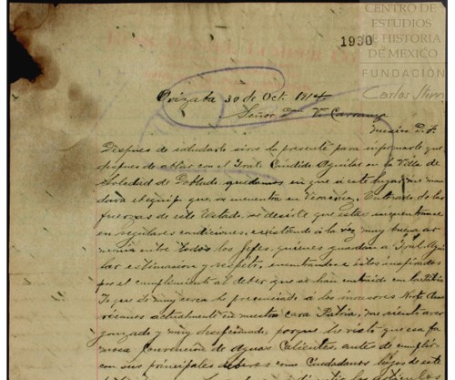Imagen de Carta dirigida a Venustiano Carranza donde Juan Dávila, se conduele de que la Convención de Aguascalientes pierda el tiempo, mientras se sufre en Veracruz la ocupación norteamericana (atribuido)