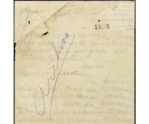 Imagen de Carta dirigida a Venustiano Carranza donde Manuel J. Jiménez, comunica que, enterado de sus declaraciones ante la Convención de Aguascalientes, y la rebeldía de Francisco Villa, está dispuesto a seguir cualquier plan que él encabece (atribuido)