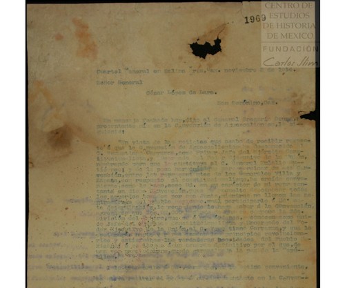Imagen de Oficio dirigido a Cesar López de Lara, donde Jesús Carranza hace trascripción del oficio enviado a Gregorio Osuna para que cese como su representante en la Convención de Aguascalientes (atribuido)
