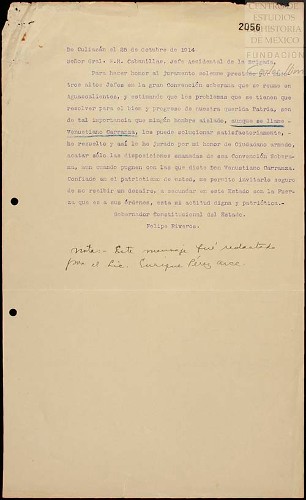 Imagen de Carta dirigida a Felipe Riveros, donde comunica que sólo acatará las disposiciones emanadas de la Convención Soberana de Aguascalientes, aunque éstas pugnen con la que dicte Venustiano Carranza (atribuido)