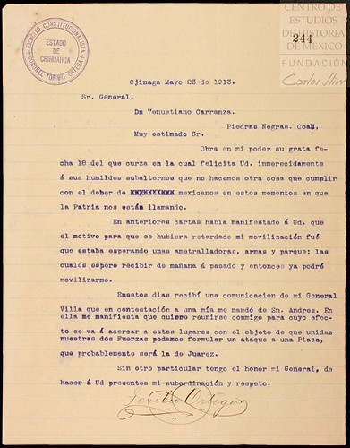 Imagen de Carta de Toribio Ortega dirigida a Carranza comunicándole que esperan pertrechos para su movilización (atribuido)