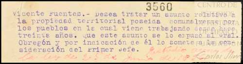 Imagen de Solicita audiencia a fin de tratar asunto relacionado con la Ley Agraria expedida por Venustiano Carranza (atribuido)