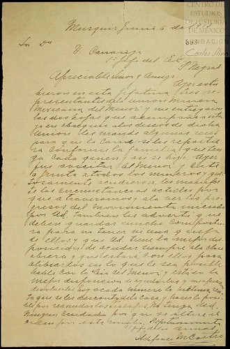 Imagen de Carta de Ildefonso M. Castro dirigida a Carranza dando informe de entrevistas a mineros (atribuido)
