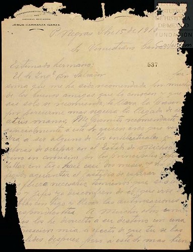 Imagen de Oficio de Jesús Carranza Garza dirigido a Venustiano Carranza, recomienda a un ingeniero de nombre salvador (atribuido)