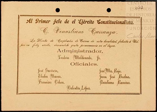Imagen de Volante firmado por empleados de correos y dirigido a Carranza donde se le da la bienvenida (atribuido)