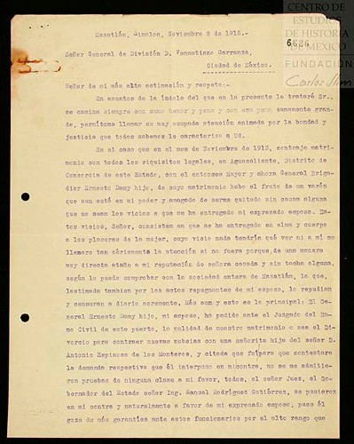 Imagen de Comunica que Ernesto Damy quiere divorciarse de ella para casarse nuevamente. Solicita su intervención, pues a ella no se le dan garantías en el Juzgado, debido al alto rango de su esposo (atribuido)