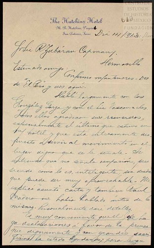 Imagen de Carta de Herminio Pérez Abreu dirigida a Rafael Zubarán Capmany, se informa que José Vasconcelos está dispuesto a servir al Movimiento Constitucionalista (atribuido)