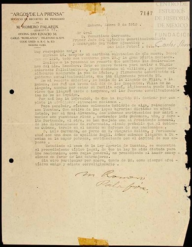 Imagen de Remite recorte de periódico sobre las declaraciones de Francisco Escudero. Envía felicitaciones por haber derrotado al Villismo. Informa que Luis Carranza y Aurelio Portuondo, cubanos, se quejaron con Menocal de las Leyes Agrarias dictadas en Yucatán (atribuido)