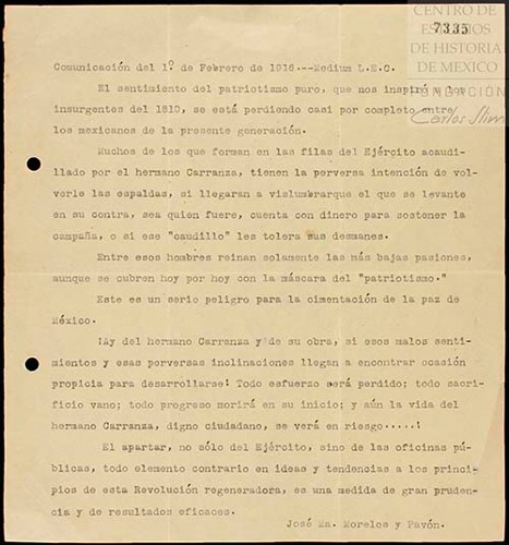 Imagen de Mensaje de José María Morelos y Pavón, quien dice que debe apartarse del Ejército Constitucionalista y de las oficinas públicas todo elemento contrario en ideas y tendencias, a los principios de la Revolución de Venustiano Carranza (atribuido)