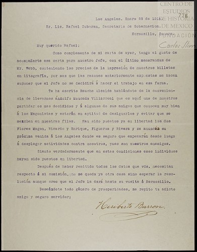 Imagen de Carta de Heriberto Barrón dirigida a Rafael Zubarán Capmany, le remite un memorándum para Carranza sobre impresión de billetes constitucionalistas (atribuido)