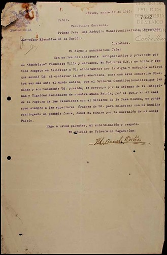 Imagen de Envía felicitaciones por la enérgica actitud que asumió al contestar al Gobierno Norteamericano, con motivo del incidente de Columbus, Nuevo México (atribuido)