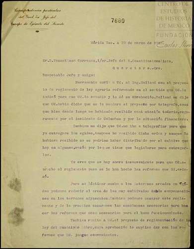 Imagen de Envía el reglamento de Ley Agraria reformado en el sentido que Venustiano Carranza indicó (atribuido)