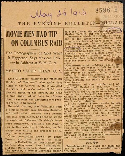 Imagen de El cinematógrafo tiene información de la invasión de Columbus. Reseña de una Conferencia de Luis Bossero sobre la posible intervención norteamericana en México, con motivo de los sucesos de Columbus. Asegura que la solución es que las tropas de los Estados Unidos se alineen en la Frontera, mientras el Ejército Constitucionalista atrapa a Francisco Villa. Hace ver que Venustiano Carranza es pro-norteamericano, y que se ha llevado a cabo varias reformas en México (atribuido)