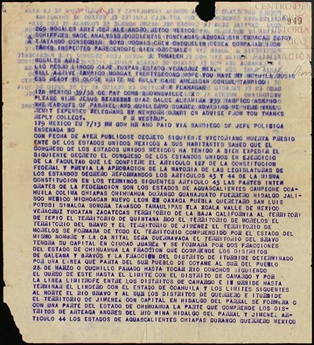 Imagen de Telegramas sin firma y sin destinatario, aborda miscelánea de noticias y sobre decreto de Huerta sobre división Política de México (atribuido)