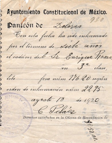 Imagen de Documento de Inhumación del Panteón Dolores