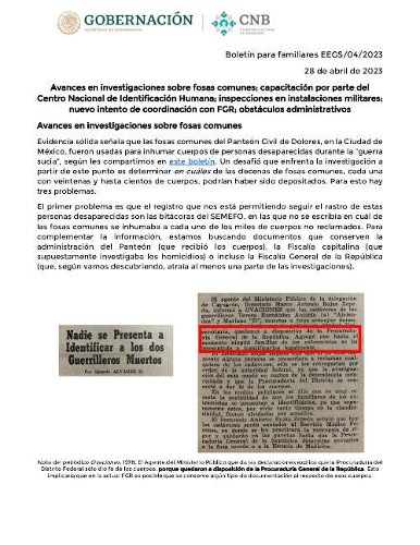 Imagen de Avances en investigaciones sobre fosas comunes; capacitación por parte del Centro Nacional de Identificación Humana; inspecciones en instalaciones militares; nuevo intento de coordinación con FGR; obstáculos administrativos (propio)