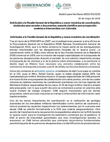 Imagen de Solicitudes a la Fiscalía General de la República y nueva mecánica de coordinación; obstáculos para acceder a documentos; asesoría científica para prospección oceánica e intercambios con Colombia (propio)