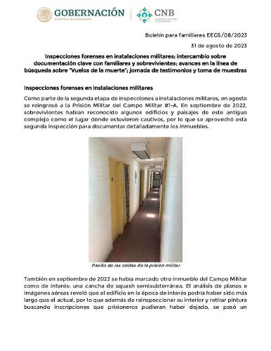 Imagen de Inspecciones forenses en instalaciones militares; intercambio sobre documentación clave con familiares y sobrevivientes; avances en la línea de búsqueda sobre “Vuelos de la muerte”; jornada de testimonios y toma de muestras (propio)