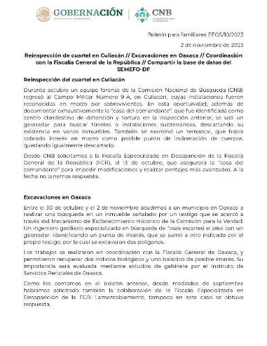 Imagen de Reinspección del cuartel en Culiacán; Excavaciones en Oaxaca; Coordinación con la Fiscalía General de la República; Compartir la base de datos del SEMEFO-DF (propio)