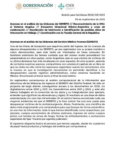 Imagen de Avances en el análisis de las bitácoras del SEMEFO; Reconocimiento de la ONU al Sistema Angelus; Encuentro binacional México-Argentina y rutas de colaboración; Recolección de testimonio e identificación de posibles sitios de inhumación en Hidalgo; Coordinación con la Fiscalía General de la República (propio)