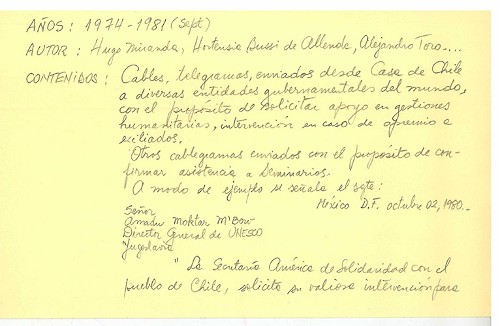 Imagen de Ficha en donde se hace mención a Hugo Miranda, Hortensia Bussi, Alejandro Toro y Armand Moktar M'Bow, director general de la UNESCO (atribuido)