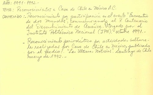 Imagen de Ficha que menciona los reconocimientos de la Casa de Chile en México (atribuido)