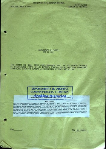Imagen de Partes del general Pedro Lemus dando cuenta de los informes rendidos por el General Juan Nepomuceno Almonte del estado que guardan la colonización de Texas (atribuido)